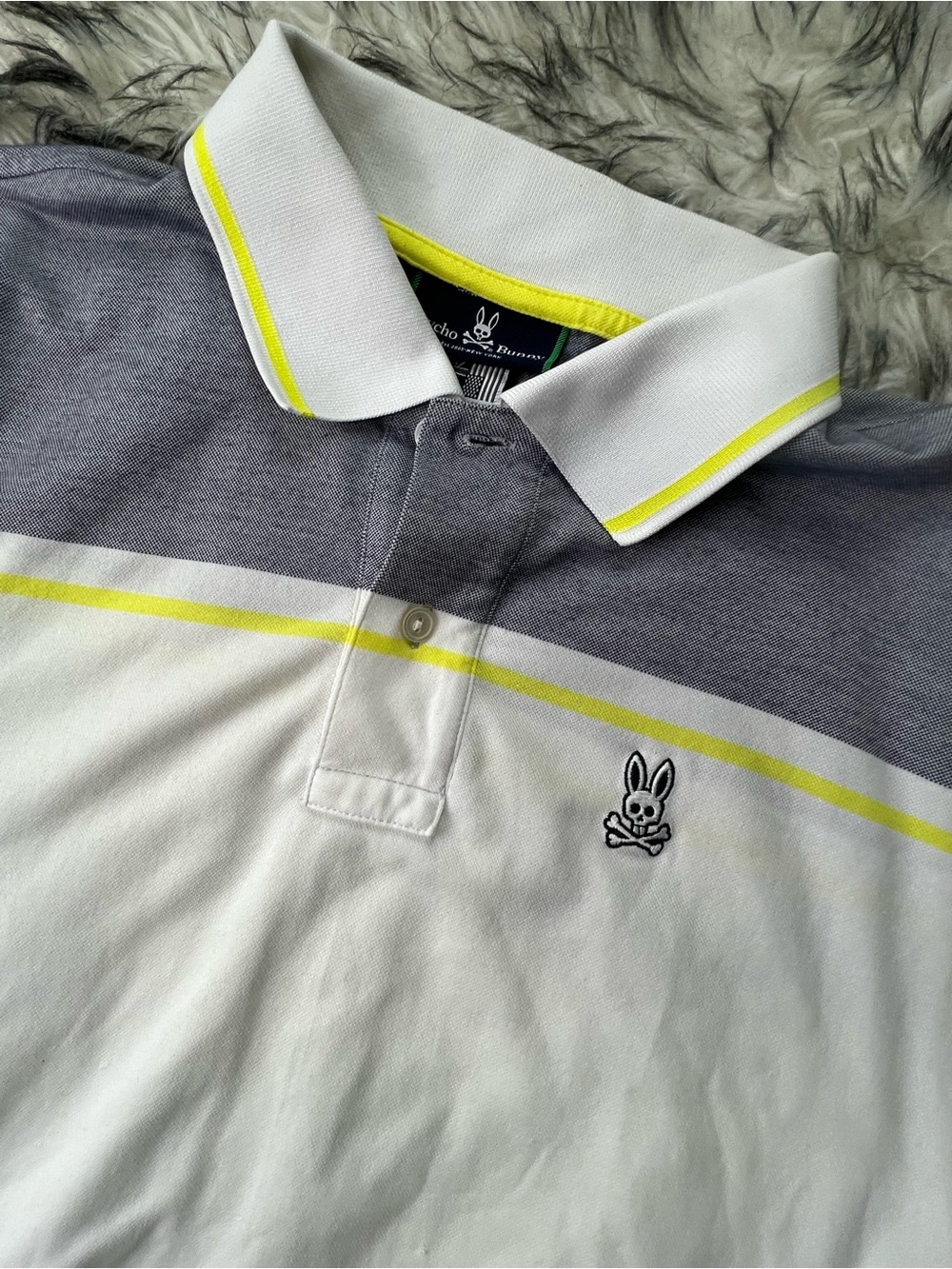 Psycho Bunny White, Gray & Neon Yellow Striped Polo see measurements for size
